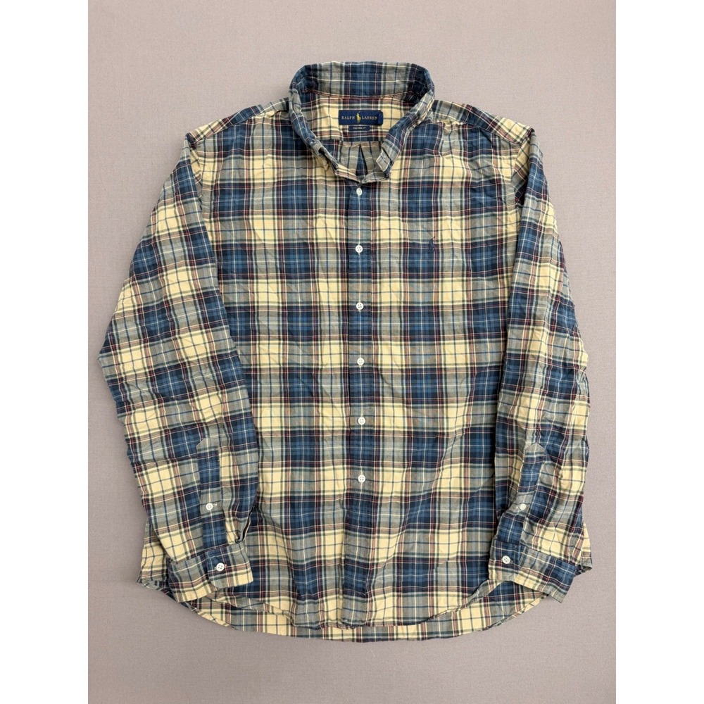 Ralph‎ Lauren Mens XXL Custom Fit Plaid Button Down Shirt Blue Yellow 1289